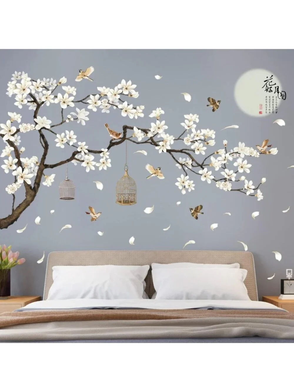 Removable White Peach Blossom Wall Decals - DIY Tree Branches & Birds Art for